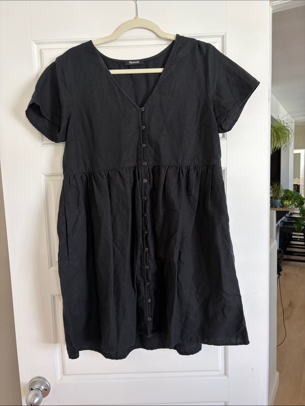 Madewell Linen Babydoll Black Short-Sleeve Button-Front Mini Dress